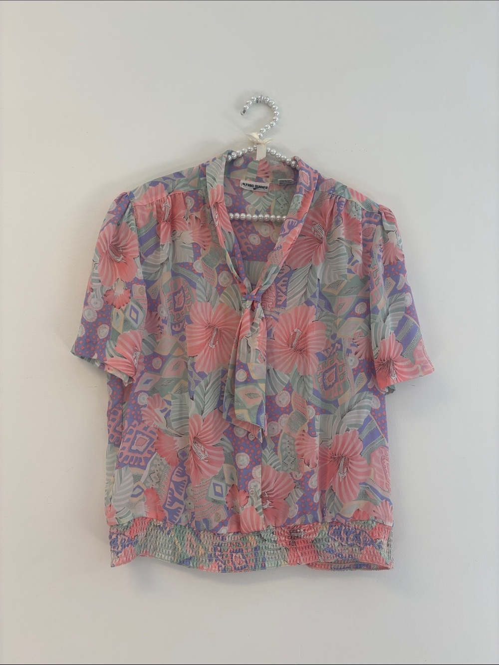 VTG Floral Tie Neck Blouse Bow Pink & Purple Sz Large Hawaiian shirt smocked